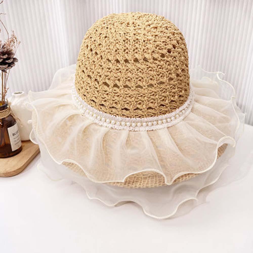 Breathable Straw Weaving Beach Hat Portable Big Brimmed Woven Cap Beige Lace Pearls Sun Cap  Travel