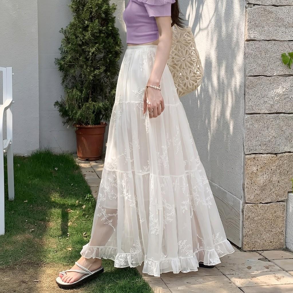 Qooth Lace Embroidered Tulle Maxi Skirt High-Waist Slimming A-Line Tiered Cake Skirt Fairy Full Flare Summer QT2914