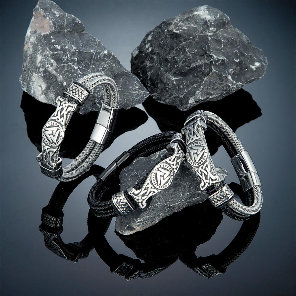 Bracciali in Acciaio Inossidabile con Rune Norrene Valknut da Uomo, Corda Metallica a Doppio Strato Inossidabile, Bracciale con Ciondolo, Gioielli Vichinghi, Lussuosi Regali Maschili