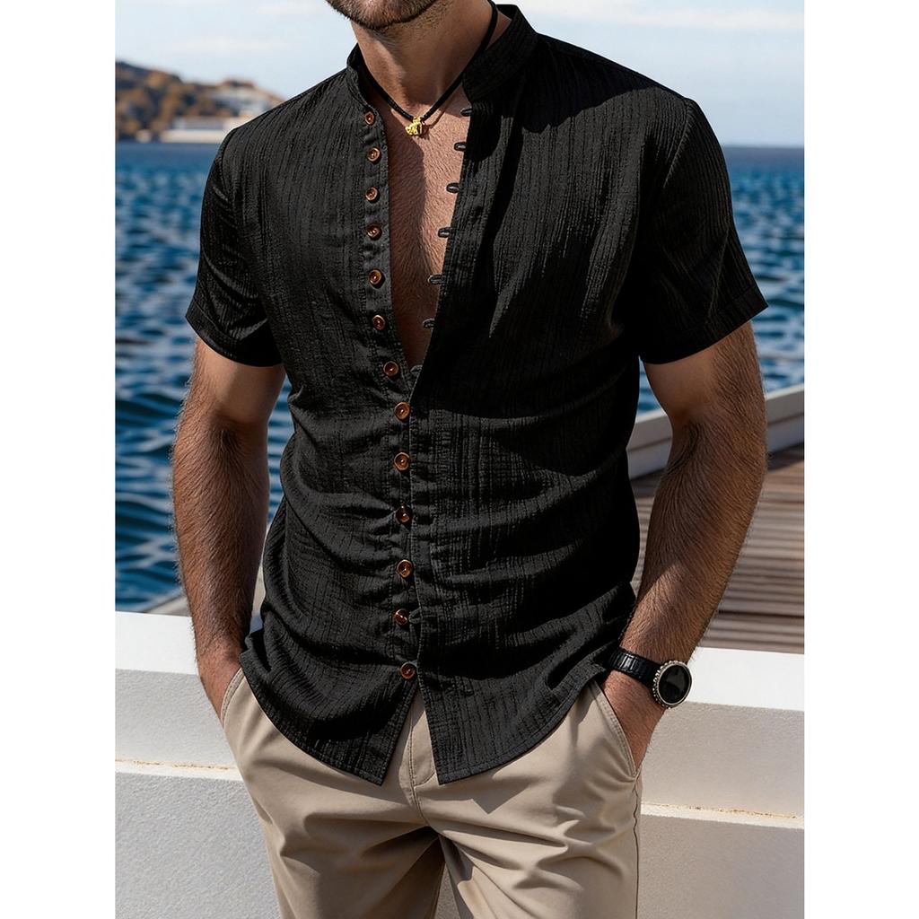 Summer new men's casual versatile shirt solid color slim-fitting short-sleeved top