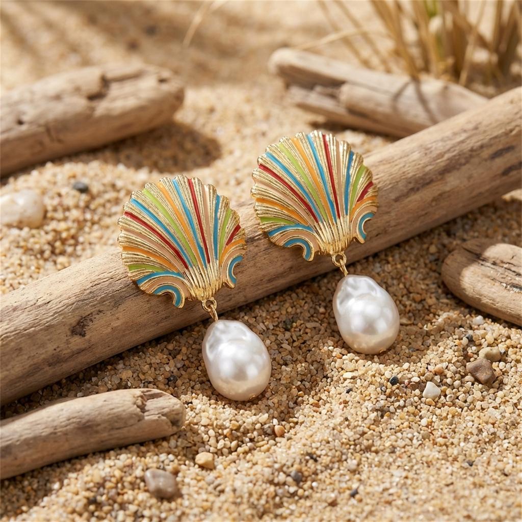 Colorful Enamel Shell Conch Starfish Imitation Pearl Earrings Ocean Style Vacation Accessory Women's Fashion Trend