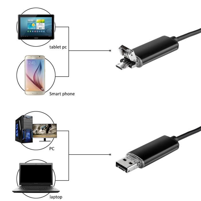 Endoscope, Waterproof Inspection Camera, 5m, HD Camera, 6 LEDs, USB and Micro-USB, Compatible Android and Windows
