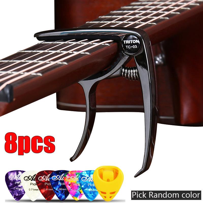 High-quality 2 in 1 Zinc Alloy Guitar Capo for Acoustic Electric Guitars 6 Thicknesses Picks for Wooden Electronic Guitar Capos