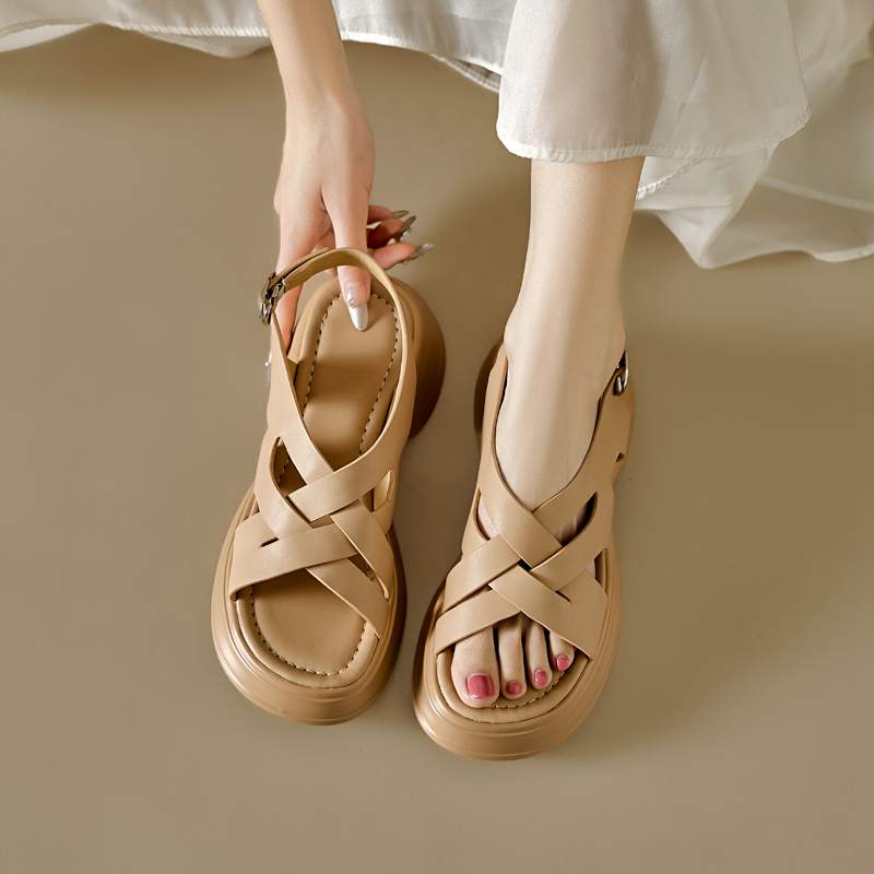 Krazing Pot Sheepskin Peep Toe Thick High Heels Summer Shoes Buckle Straps Platform Weaving Style Women Sandals