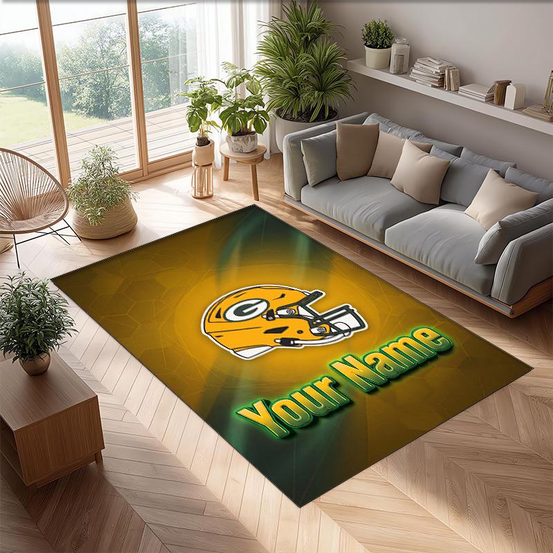 Green Bay Packers Crystal Velvet Rug, Custom Name Text Personalized Non‑Slip Floor Mat for Home Decor Gift