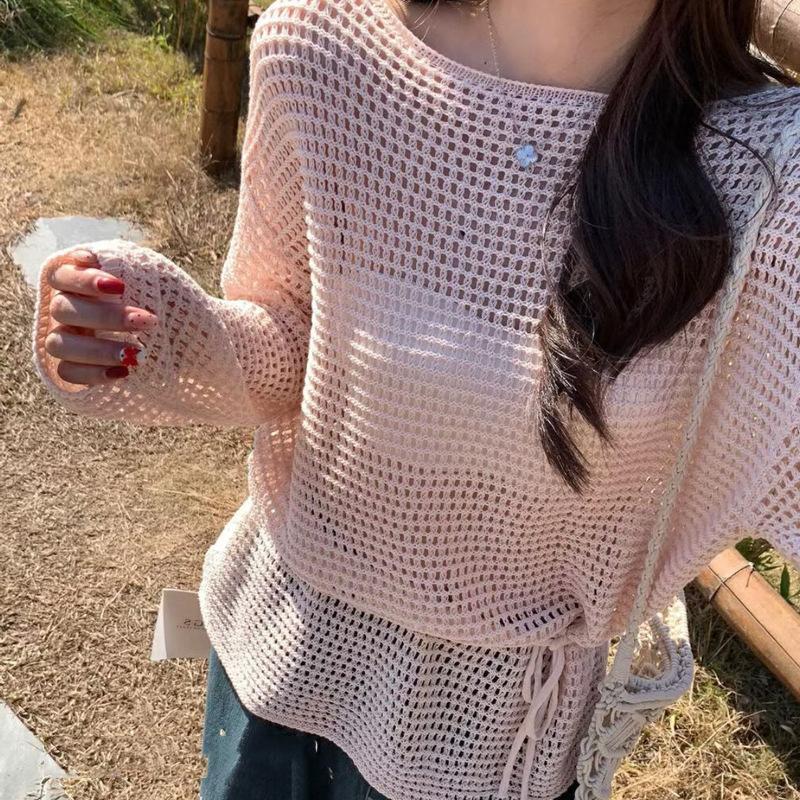 One-word Shoulder Hollow Long-sleeved Knitted Sweater Women's Early Spring Loose Outer Cover Sunscreen Blouse Slanted Shoulder Top Hollow Sunscreen