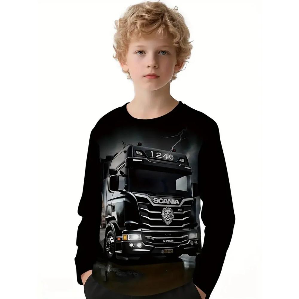 Vår och Höst Rundhals Retro Bilmönster 3D-tryckt Topp Moderiktiga Casual Långärmade Barn Pojk T-shirts
