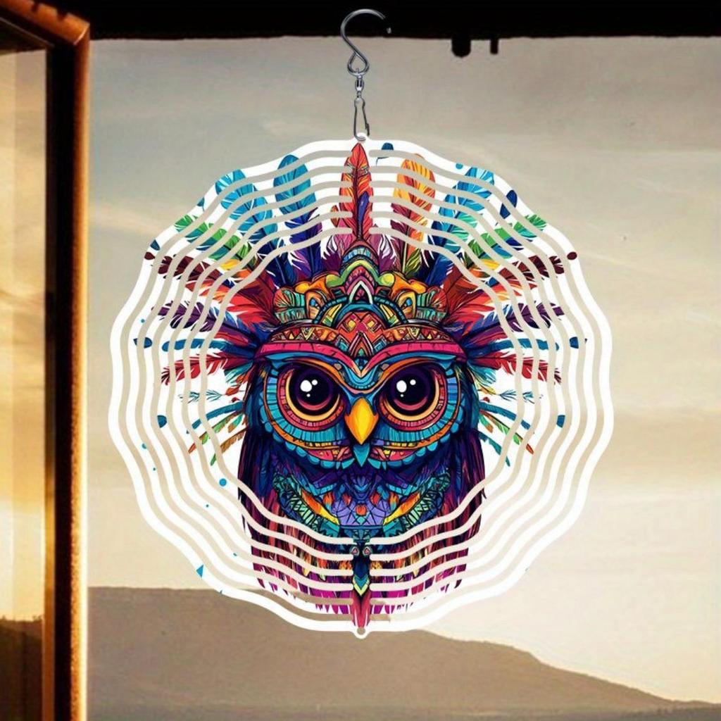 1pc 3D Metal Owl Wind Spinner Mandala Design Outdoor Garden Decor Hanging Ornament No Battery Needed for Patio Yard Home