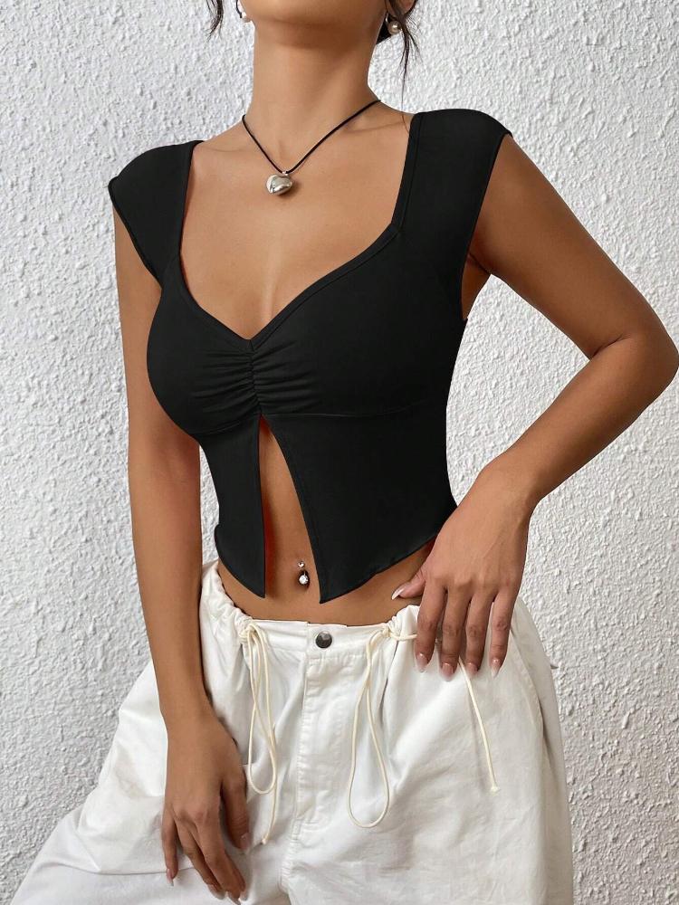 Solid Ruched Split Hem Sleeveless Crop Tee Top Women Summer Fashion Design Slim Tank Top Shirt Casual Streetwear Y2K Clothes