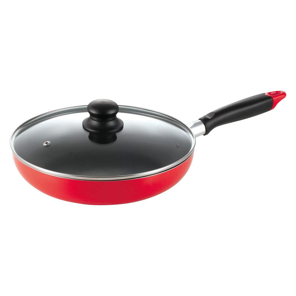 Pearl Metal Frying Pan 26cm with Glass IH Only One Stage Lid, Compatible, Non-stick Coating, Red, HB-6145