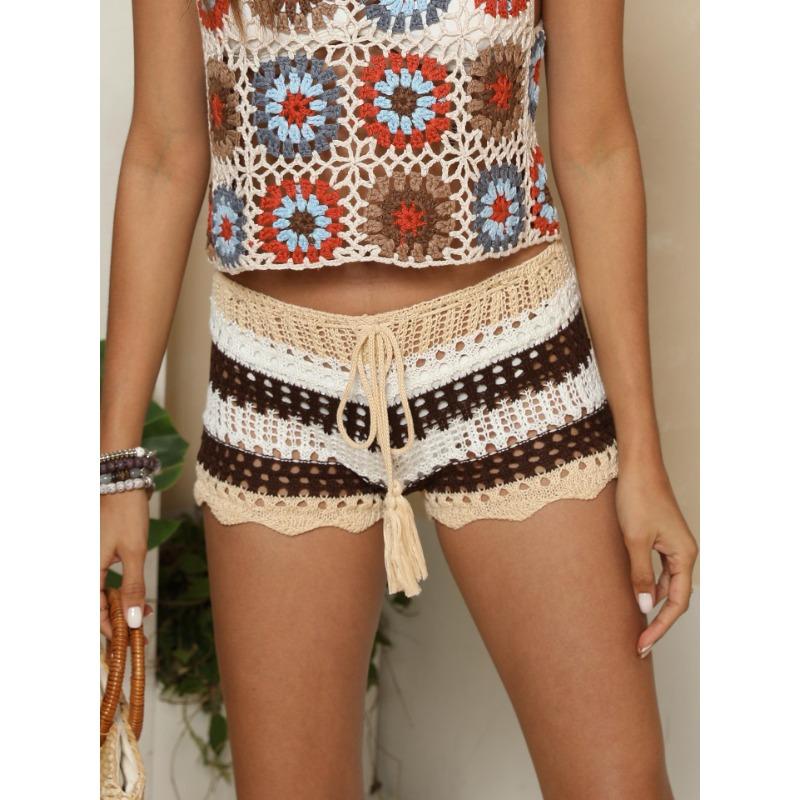 

Женские пляжные брюки с ремешками и шнурком, контрастные цвета, полые повседневные шорты XL кофейный