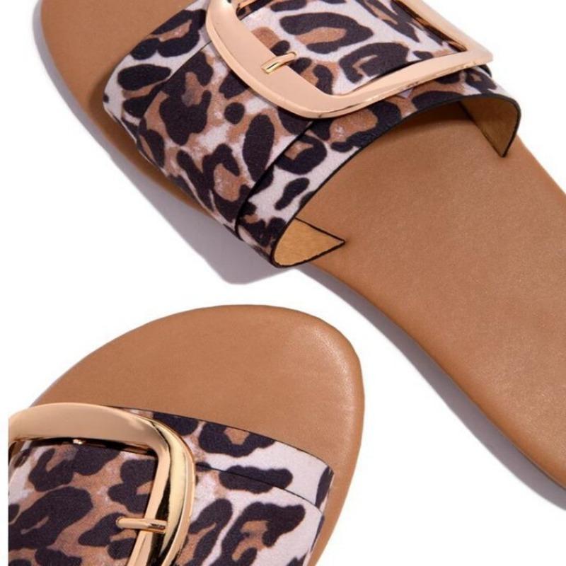 Summer leopard print buckle women's slippers casual flat large size -3 women's slippers slipprs
