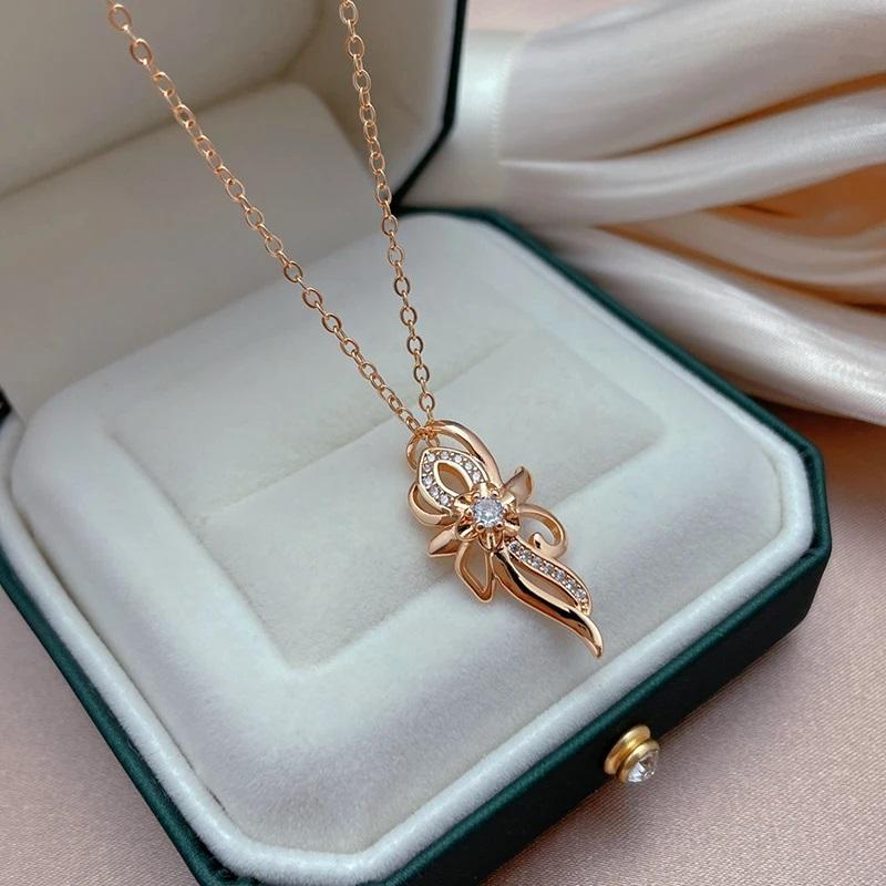 Luxury  Rose Gold Color Crystal Flower Pendant Necklace For Women Shiny Natural Zircon Accessories Daily Fine Jewelry