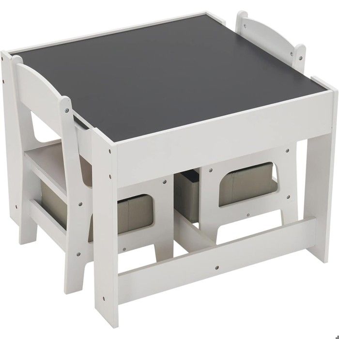 Table Enfant GINGER HOME 2-en-1 avec 2 Chaises, Tableau Noir et Rangement – Bois Blanc/Gris, Sécurisée et Ergonomique