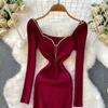 Autumn Spring Women Sexy Square Collar Luxury Beading Knitted Sweater Party Dress Long Midi Sheath Bodycon Sheath Dresses
