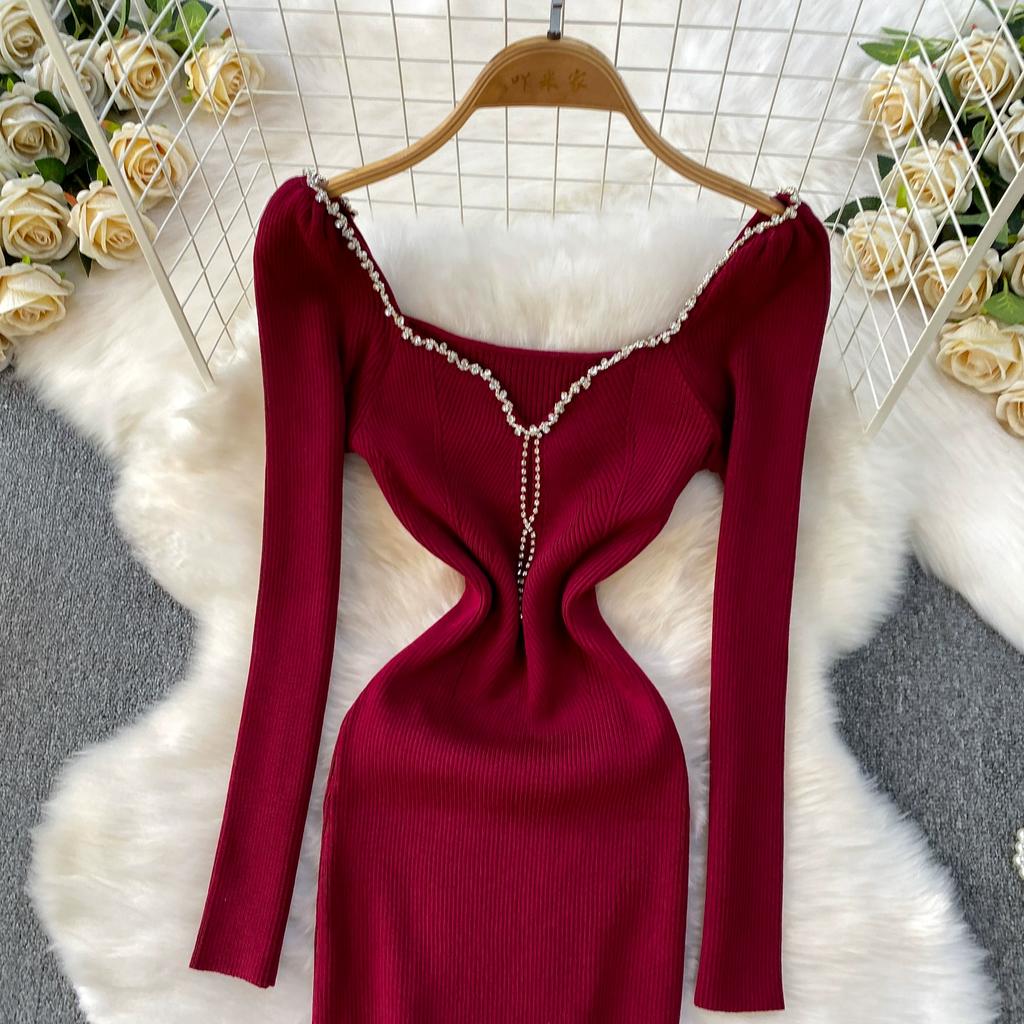 Autumn Spring Women Sexy Square Collar Luxury Beading Knitted Sweater Party Dress Long Midi Sheath Bodycon Sheath Dresses