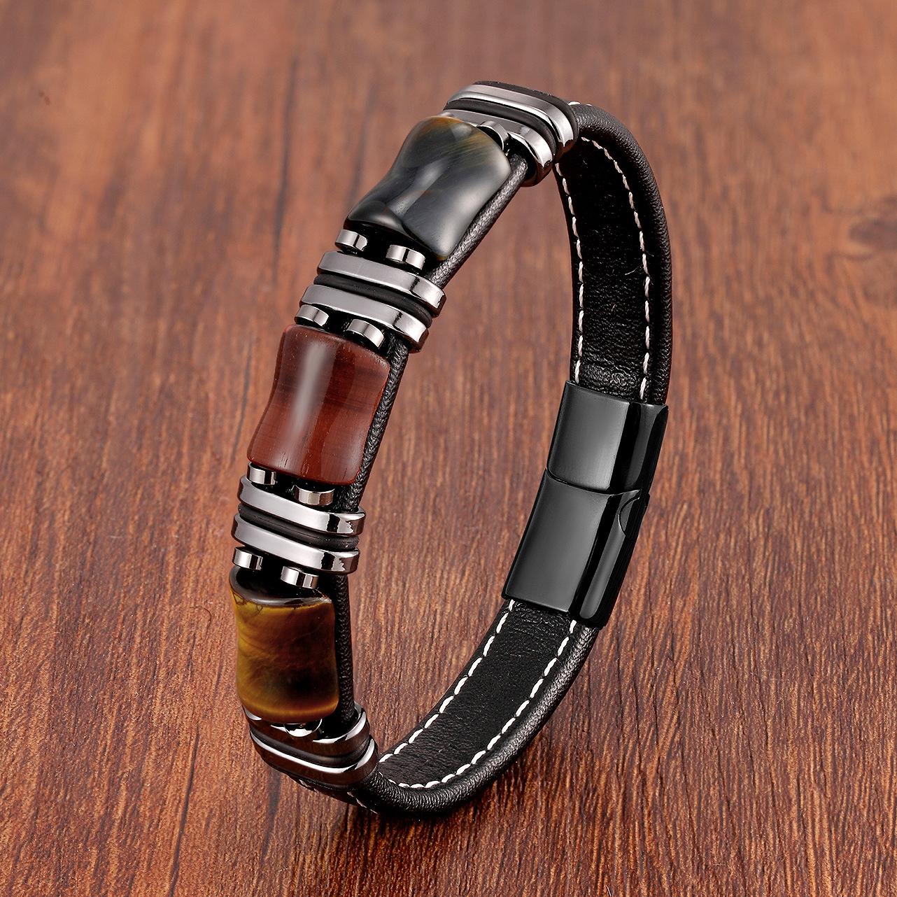2026 Lederseil Armband Schmuck Mode Geflochtenes Lederarmband Europäischer und Amerikanischer Herren Neuer Tigerauge Stein Schmuck 21CM black