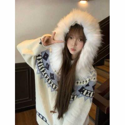 Fair Island Fur Collar Lazy Style Top Loose Sweater Knitted Cardigan Jacket Fall and Winter Lazy Style Hood Thick