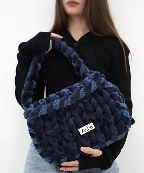 Acho Velvet Denim Bread Shoulder Bag_Navy