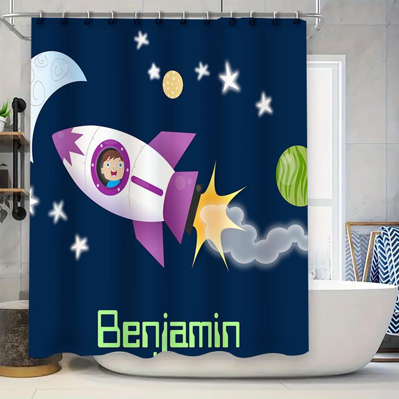 

Space Rocket Shower Curtain Customize With Name For Bathroom Decor W60H190(CM)-1 Pcs