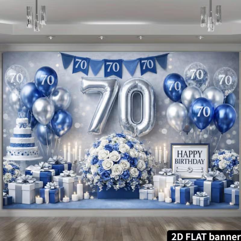 2D Blue & Silver 70th Birthday Backdrop with Balloons & Flowers