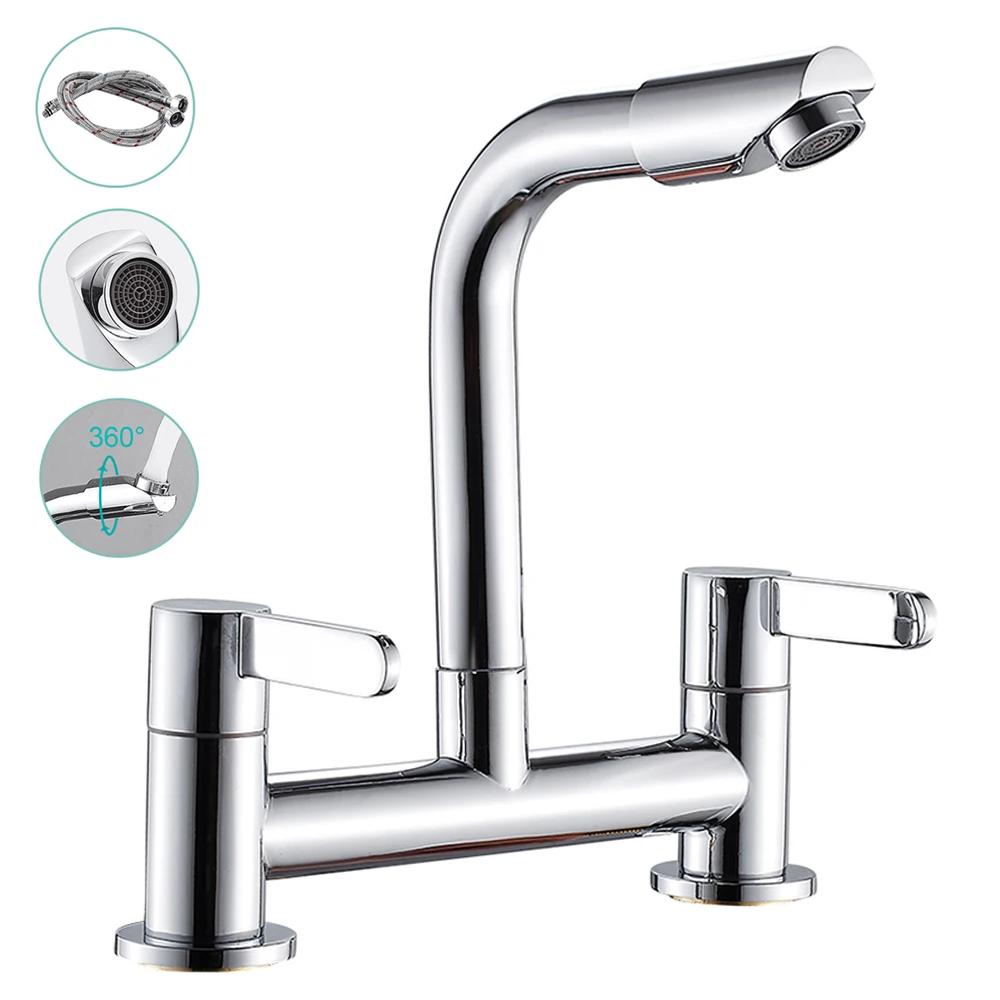 Kitchen Taps Dual Lever Sink Mixer Taps Traditional Monobloc Mixer Taps for Kitchen Sink Swivel Spout Chrome Double Handles