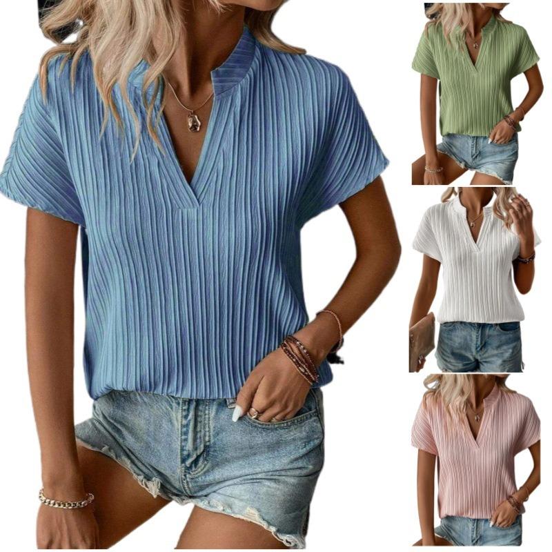 Women's New Summer Top Solid Color V-neck Striped Short-sleeved Casual T-shirt Shirt