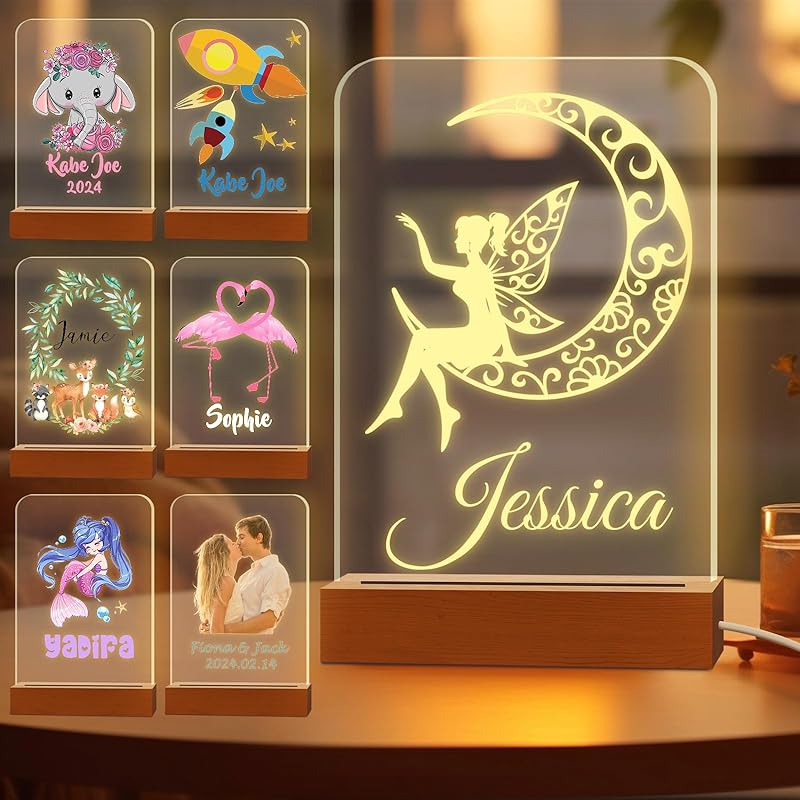Personalized Night Light for Kids Custom Engraved Name Acrylic LED Lights with Wood Base for Nursery Bedroom Decor Night Lamp, Customized Birthday