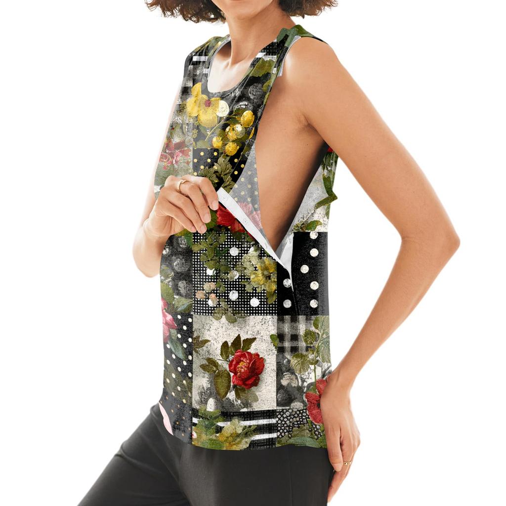 Women Shoulder Surgery Shirt Sleeveless Floral Print Top with Snap Buttons and Tear-Away Design Medical Recovery Apparel