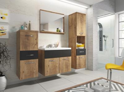 Wall-hung Bathroom Set with Washbasin, Mirror and Pillars, Chestnut Matte Black