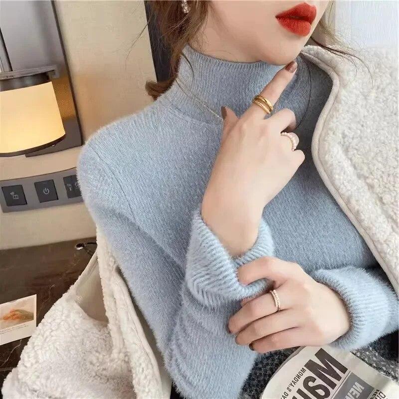 Winter Büro-dame Nerz Fleece Warme Pullover Mode Verdickt High-neck Strickwaren Beiläufige Gestrickte Langarm Pullover Frauen 29784
