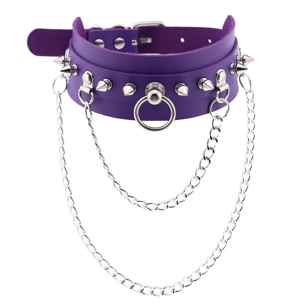 Europäisch-Amerikanischer Punk Gothic Nieten Leder Choker Halskette dunkelviolette