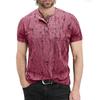 Top de Verano para Hombre Manga Corta Cuello Redondo Agujeros Rotos Botones Estilo Americano Color Sólido Camisa para Ropa de Calle Diario Viajes
