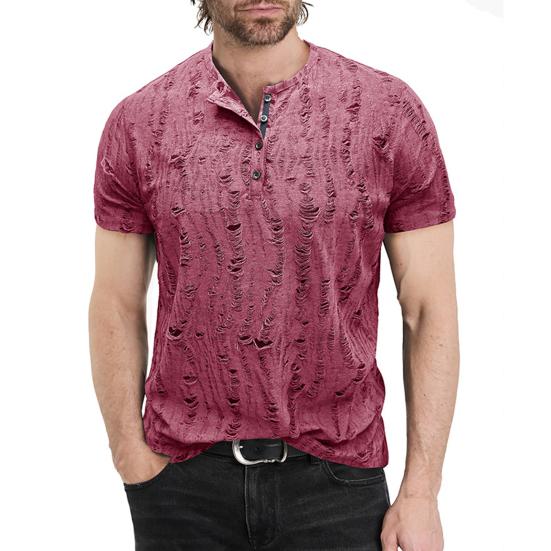 Summer Men Top Short Sleeves Round Neck Ripped Holes Buttons American Style Solid Color Shirt for Streetwear Daily Travel