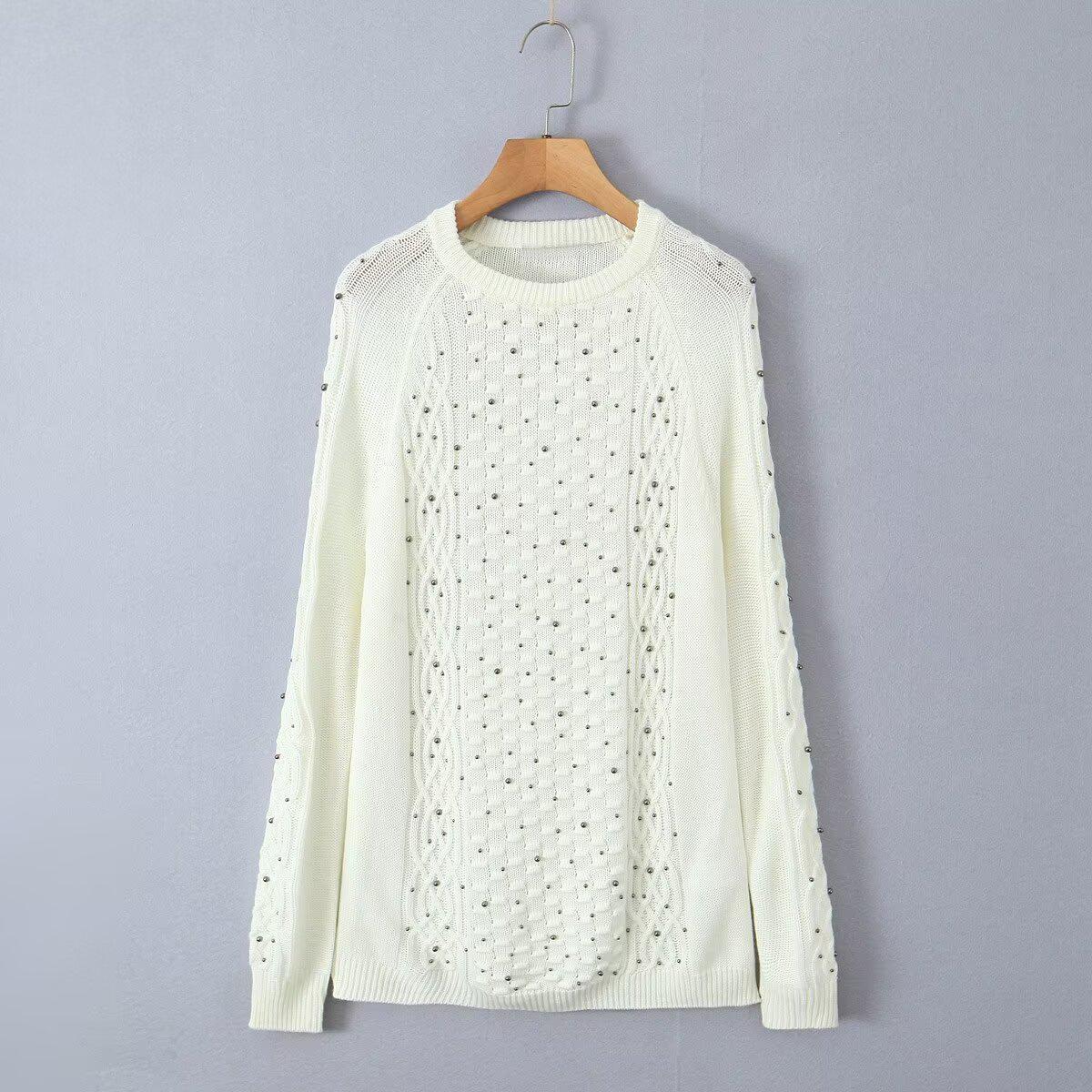 

Женский свитер на осень 2024 года в европейском и американском стиле с круглым вырезом и бисером: Универсальный, Модный и Повседневный S белый