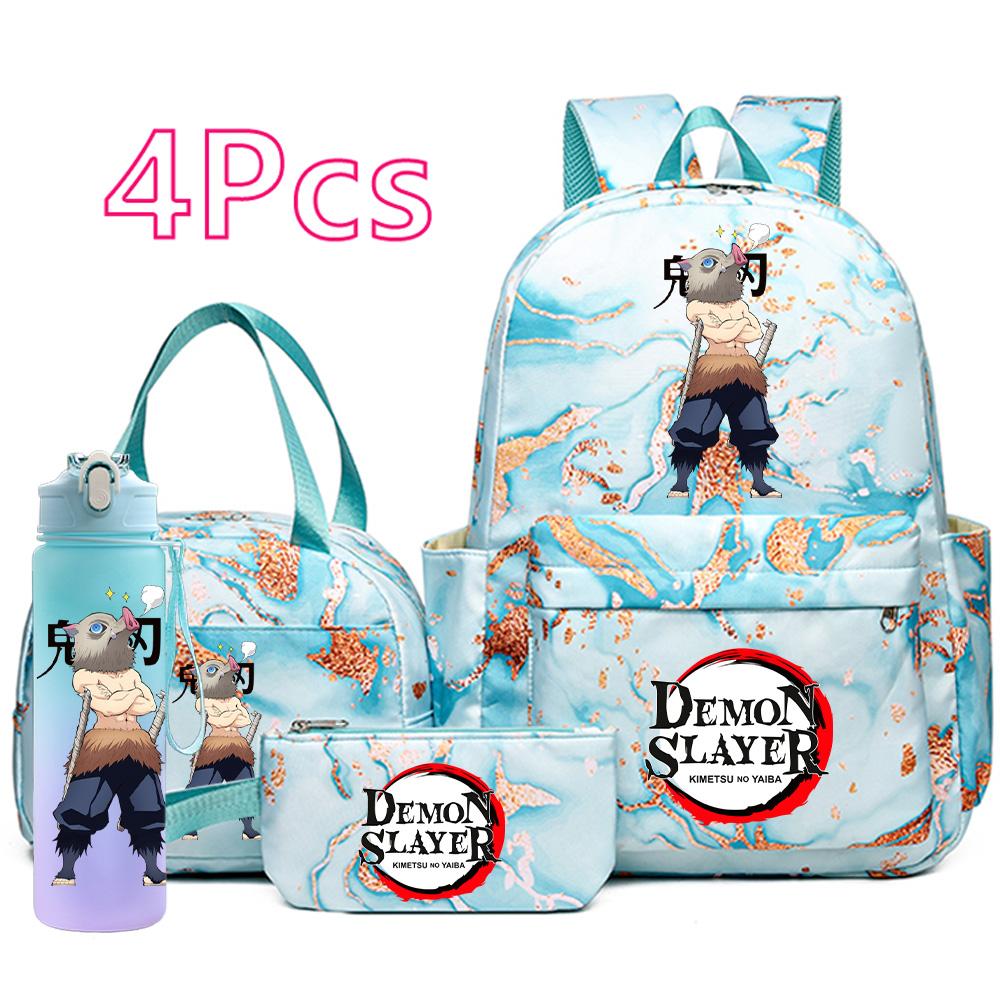 4-teiliges Set mit aufgedrucktem Demon Slayer-Cartoon-Rucksack, Handtasche, Federmäppchen und 750-ml-Trinkflasche für Teenager (Jungen und Mädchen) – große Kapazität, wasserdichter Schulrucksack