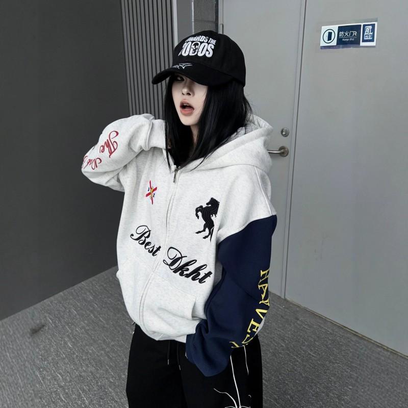 Womens Vintage Color Block Hooded Cardigan Embroidered Loose Fit Sweatshirt