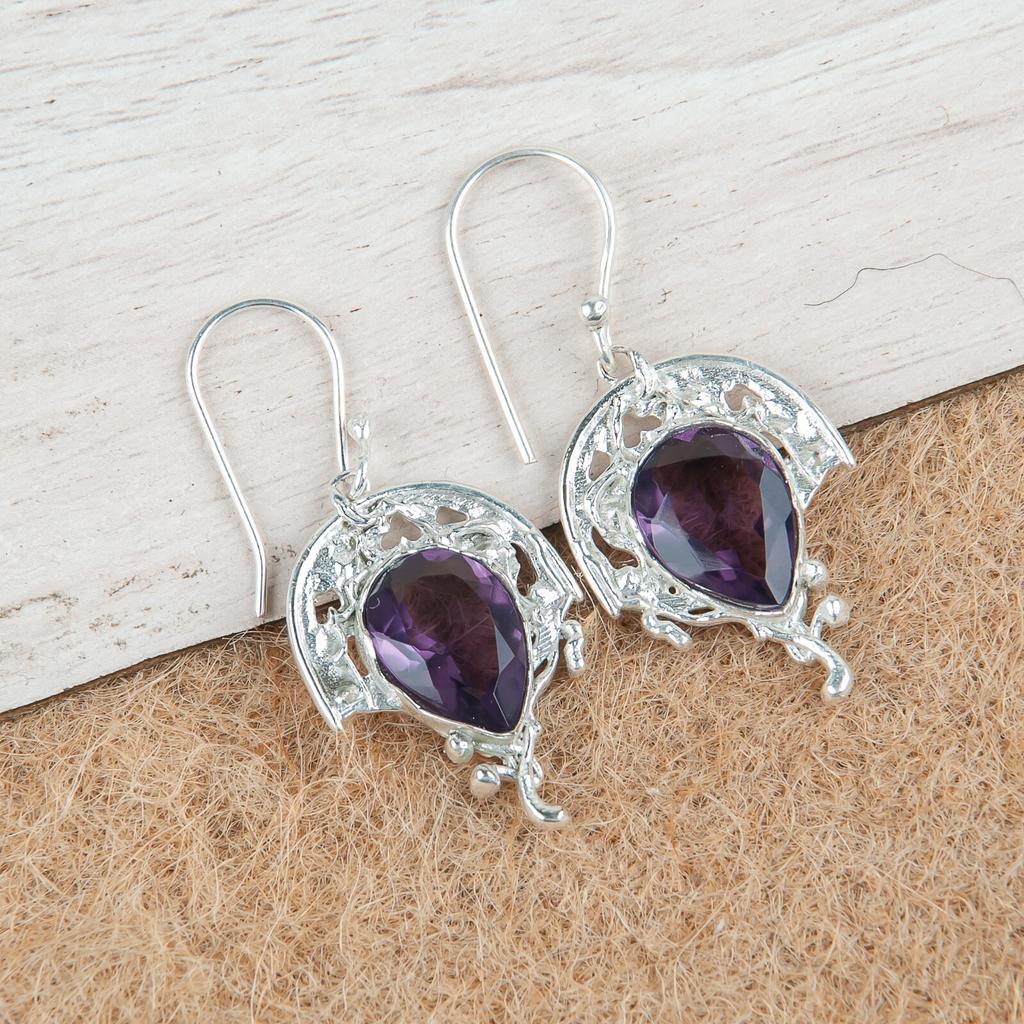 Amethyst Gemstone 925 Sterling Silver Jewelry Handcrafted Dangle Earrings 1.73" CE-5-2