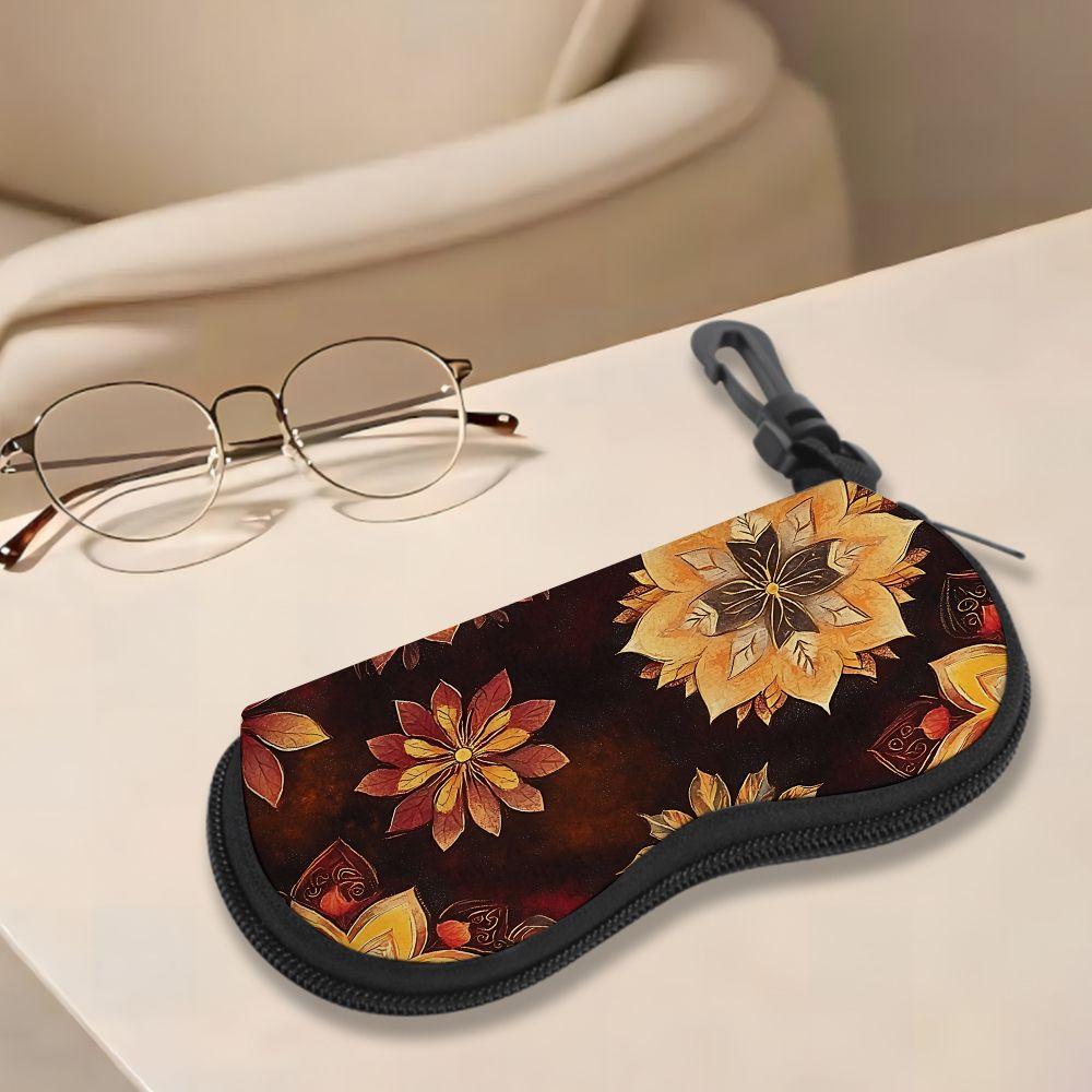 2D-Boho Autumn Floral Print Sunglasses Case, Vintage Mandala Flower Eyeglass Storage Pouch, Protective Zipper Eyewear Holder for Travel Gift