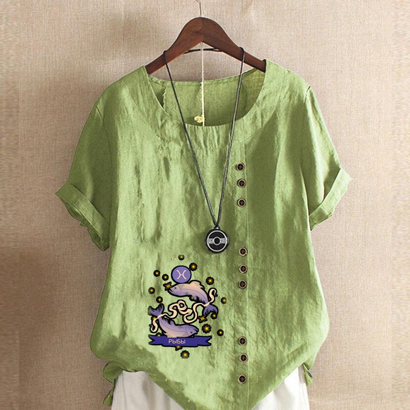 

Женская модная футболка с круглым вырезом и коротким рукавом с рыбным принтом, повседневная хлопково-льняная рубашка с рисунком, свободная летняя блузка для отдыха, топы 5XL зелёный