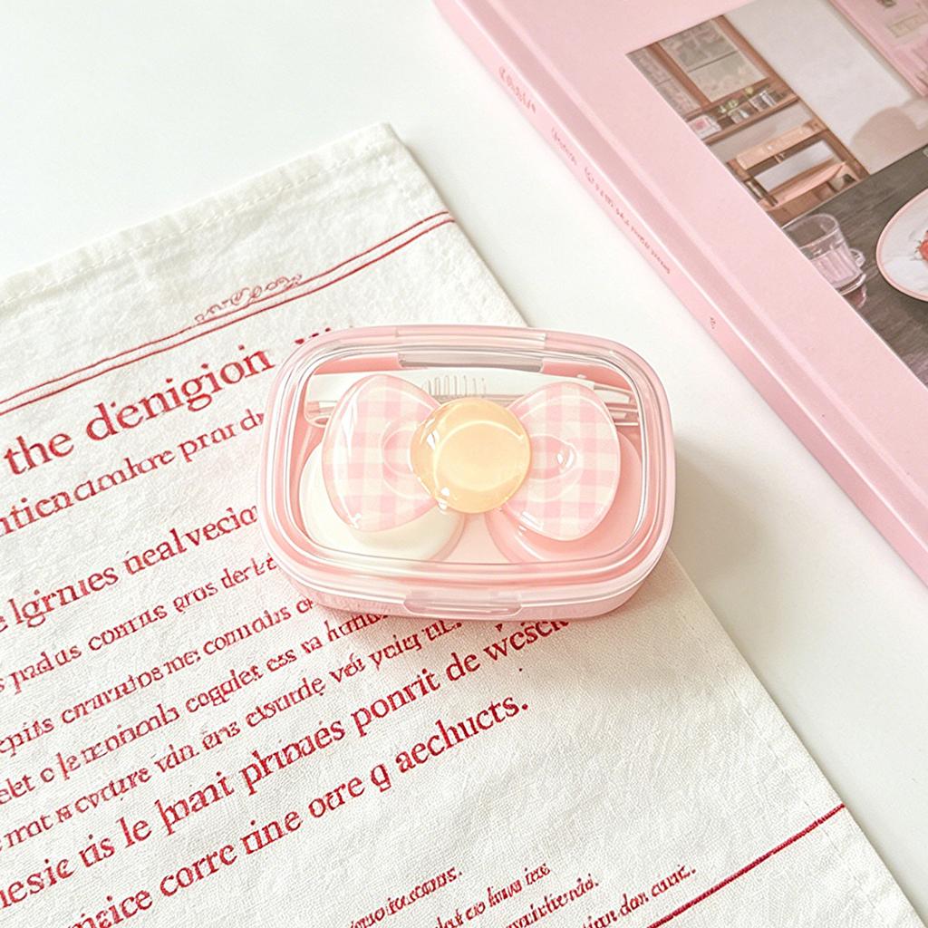 Kawaii Checkered Bow Decor Contact Lens Holder Multicolor Mini Portable Daily Lens Care Case