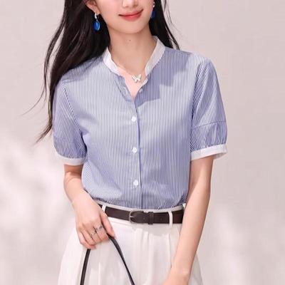 Women's Breathable Color-Block Striped Commuter Blouse