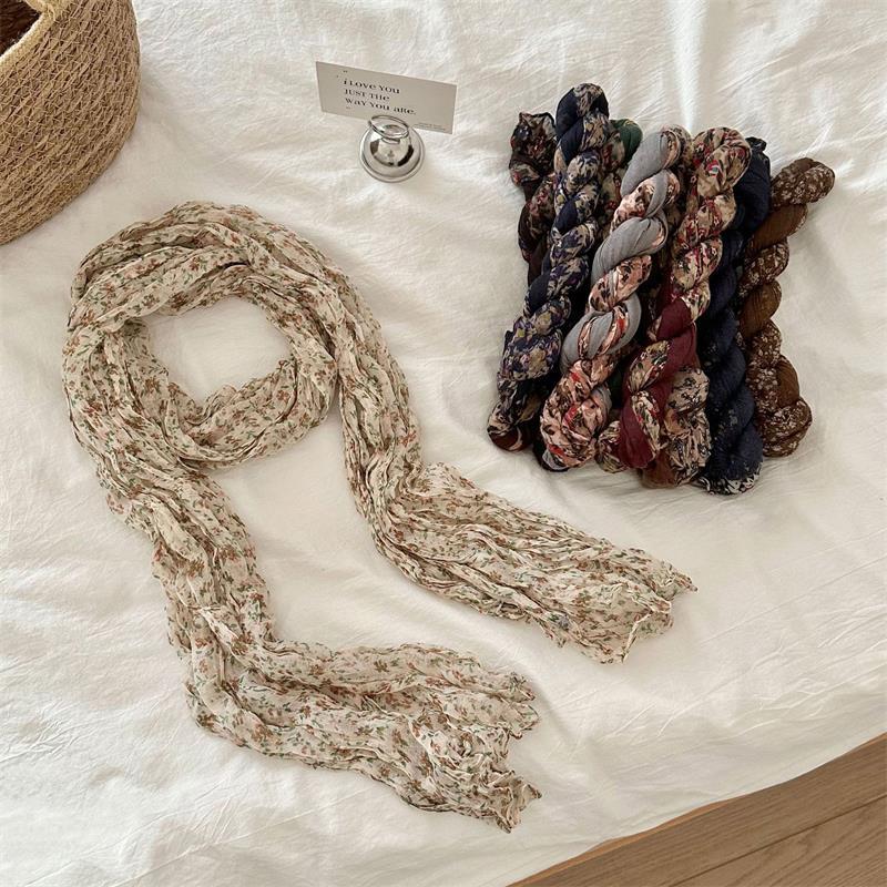 Retro Ethnic Style Warm Cold-Proof Scarf Women Floral Crumpled Silk Cotton Linen Scarf Long Folds Shawl  Headscarf Gifts