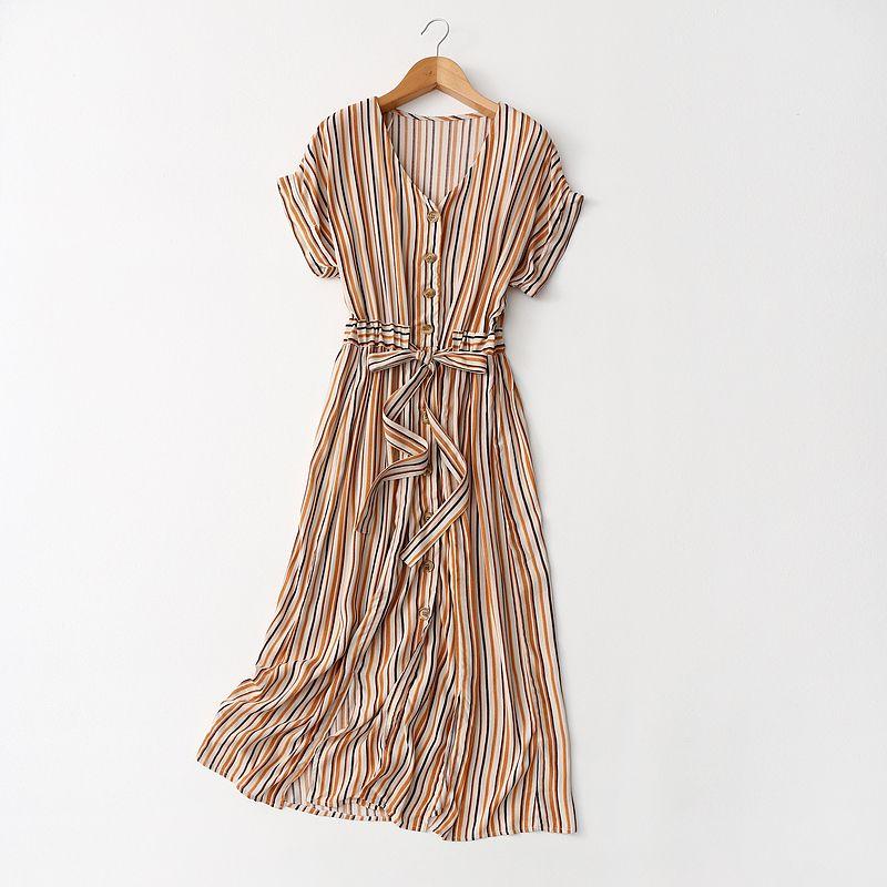 

Export Export French Retro Printed V-neck Cinched Slimming Short Sleeves Dress Female Spring New Long Dress Orange White Vertical Stripes 12