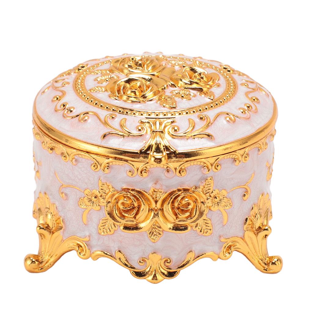 Vintage Jewelry Box Zinc Alloy Round Exquisite Hand Carved Gold Flower Pattern Versatile Storage Case for Ring Earring Necklace