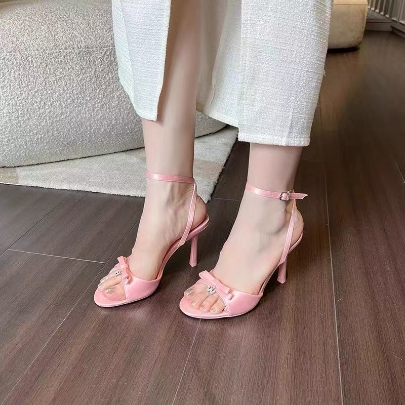 2025 Summer French Sweet Bow Round Head Open-toed Stiletto Sandals Female Elegant Fairy Style High Heels Outer Wear