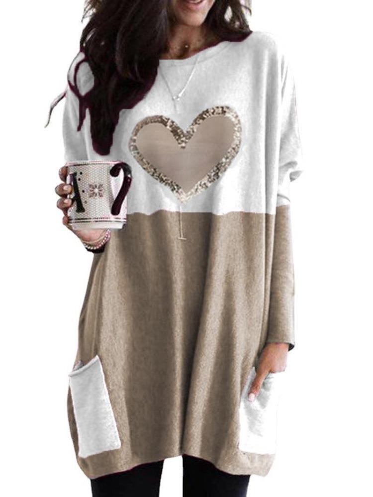 2026 Women Love Print Round Neck Tee Loose Long Sleeve Contrast Colors Wish