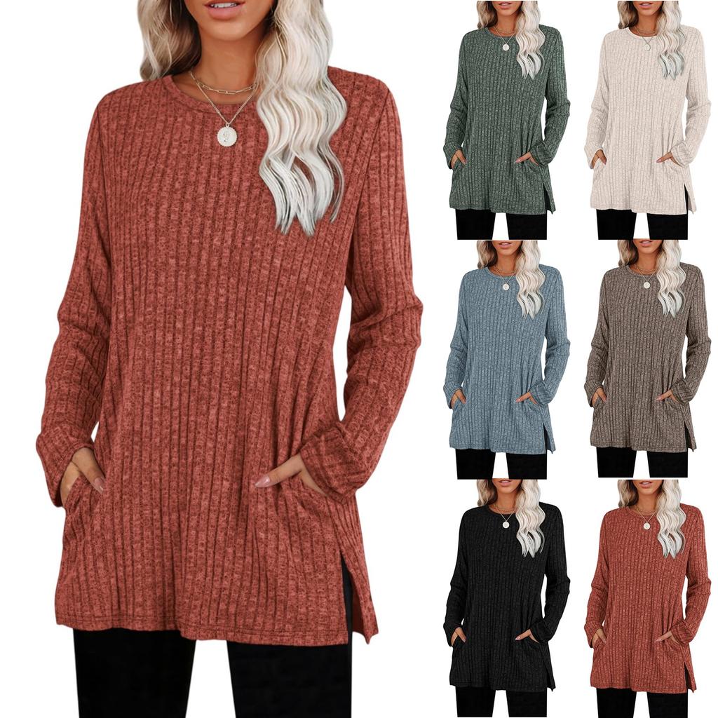 Dámský módní pulovr s dlouhým rukávem jednobarevný top