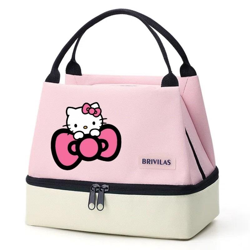 Hello Kitty Color Block Print Double Layer Insulated Lunch Bag, Portable Cooler Bag Outdoor Bento Tote M