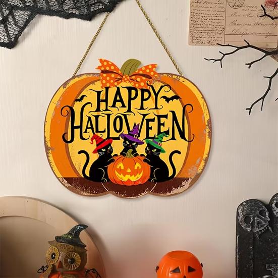 Happy Halloween Door Sign, Spooky Wooden Pumpkin Front Door Hanger for Farmhouse Porch Wall Hanging Decor